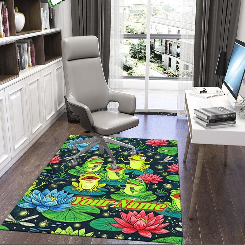 1PC Custom Name Frogs Fireflies Lotus Pond Theme Floor Mat Ideal for Living Room, Game Rooms, Office, Bedroom,Floor Mat Playful Design