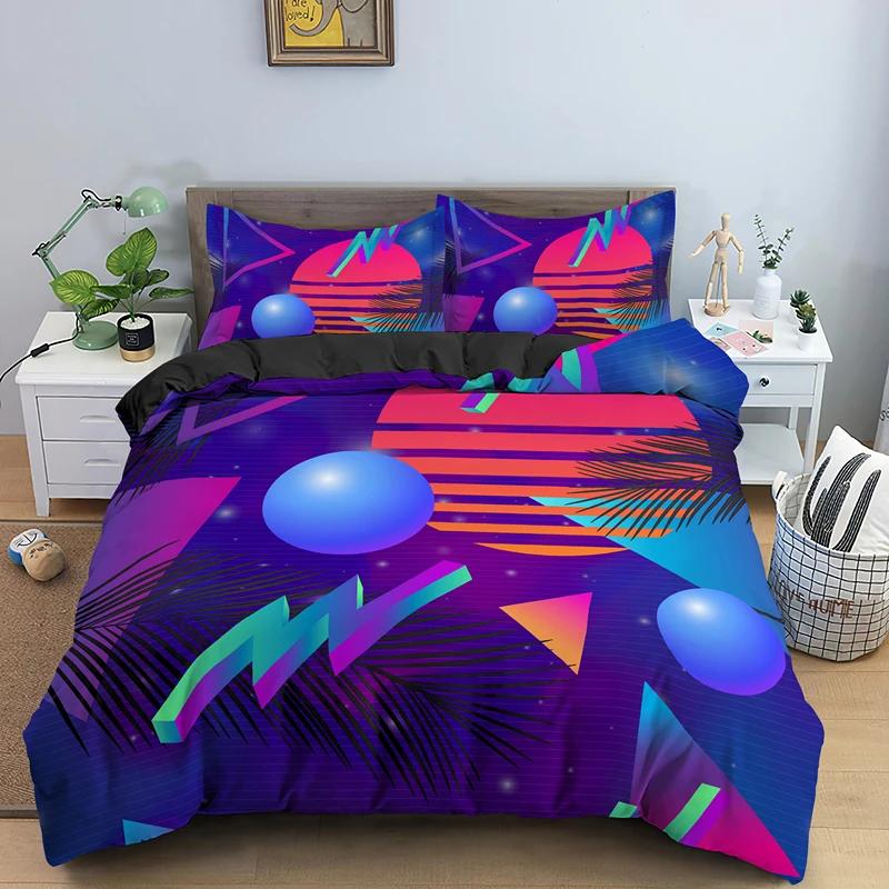 Abstract Modern Retro Neon Duvet Cover Set Single Double King Queen Size Geometic Bedding Set With Pillowcase Bedclothes 2/3Pcs