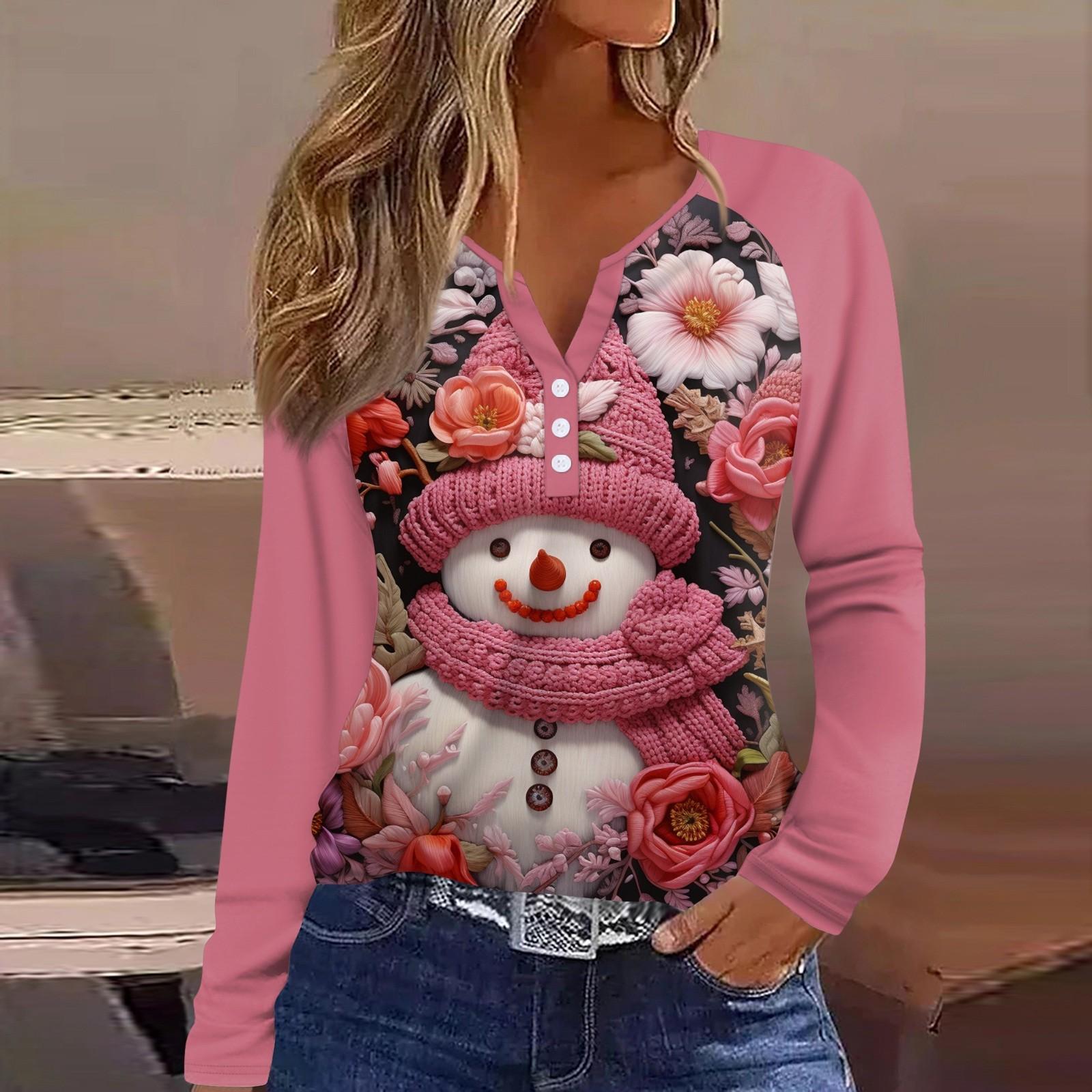 

Женская мода повседневная рождественская печать V-образный вырез рукава реглан с декоративными пуговицами длинный рукав футболка топ L розовый