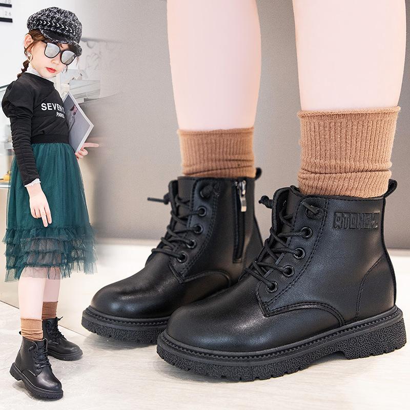 Boys Boots Fleece Leather Surface Warm Wind Low Top Leather Boots Winter Girls Side Zipper Soft Bottom Classmate