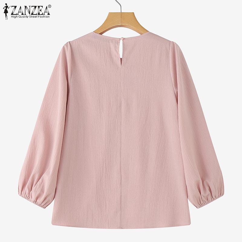 ZANZEA Dame Casual Rund Hals Løs 3/4 Erme Ensfarget Bluse