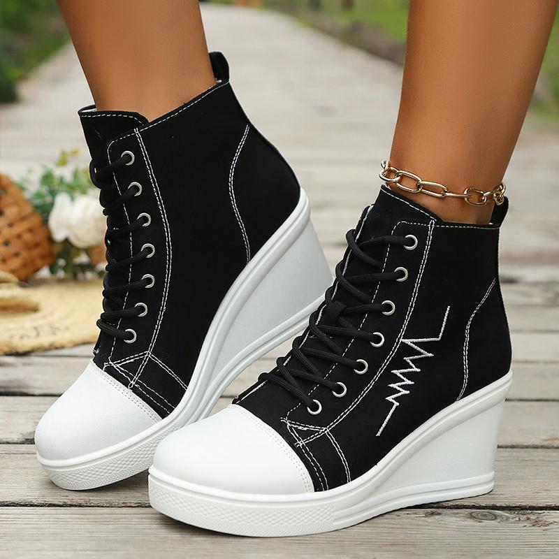 Fashion High Top Wedge Heel Sneakers for Women Fashion Mix Color Lace Up Canvas Shoes Woman Lightweight College Students Casual Sneakers