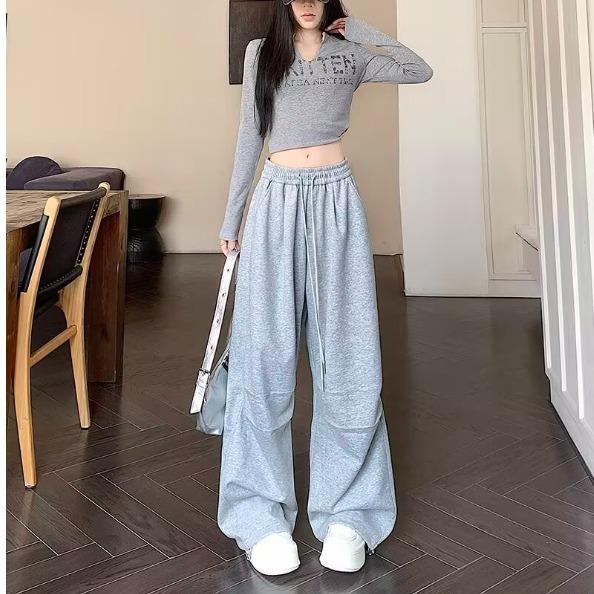 American Gray Hip Hop Wide-Leg Jazz Sweats: Loose, Floor-Length Women's Casual Sports Pants