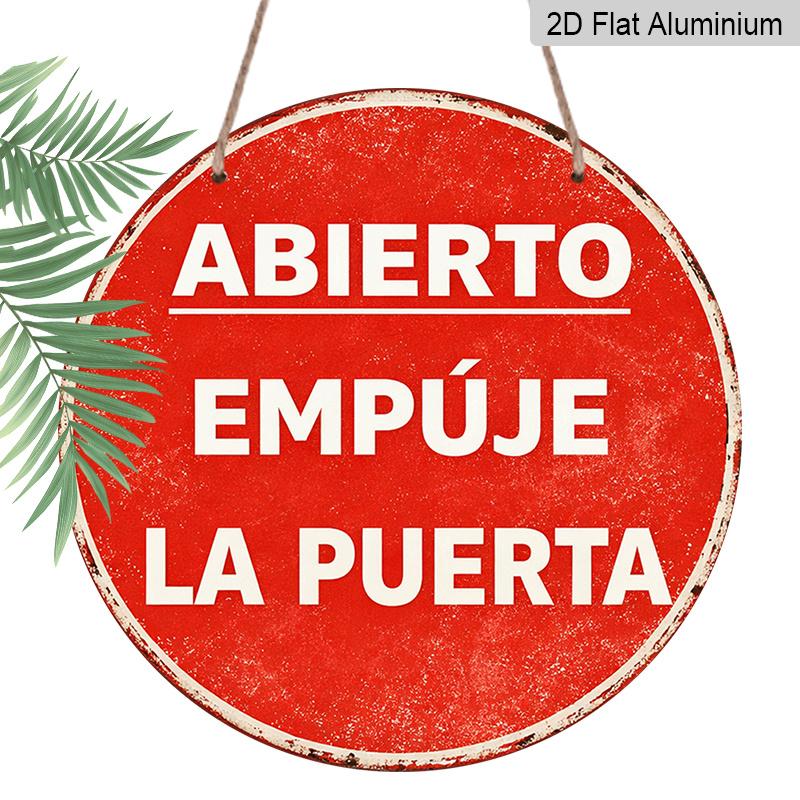 2D Flat, 1pc Round Aluminum Hanging Sign, Vintage Distressed Red Background White Spanish Text Abierto Empuje La Puerta Print, Shop Cafe Bar