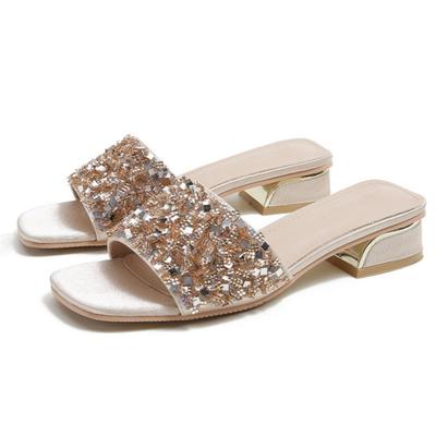 Fashion Slippers for Women 2025 New Summer Rhinestone Thick Heel Sandals for Women Fashion Flat Bottom for Women Outside Sandals