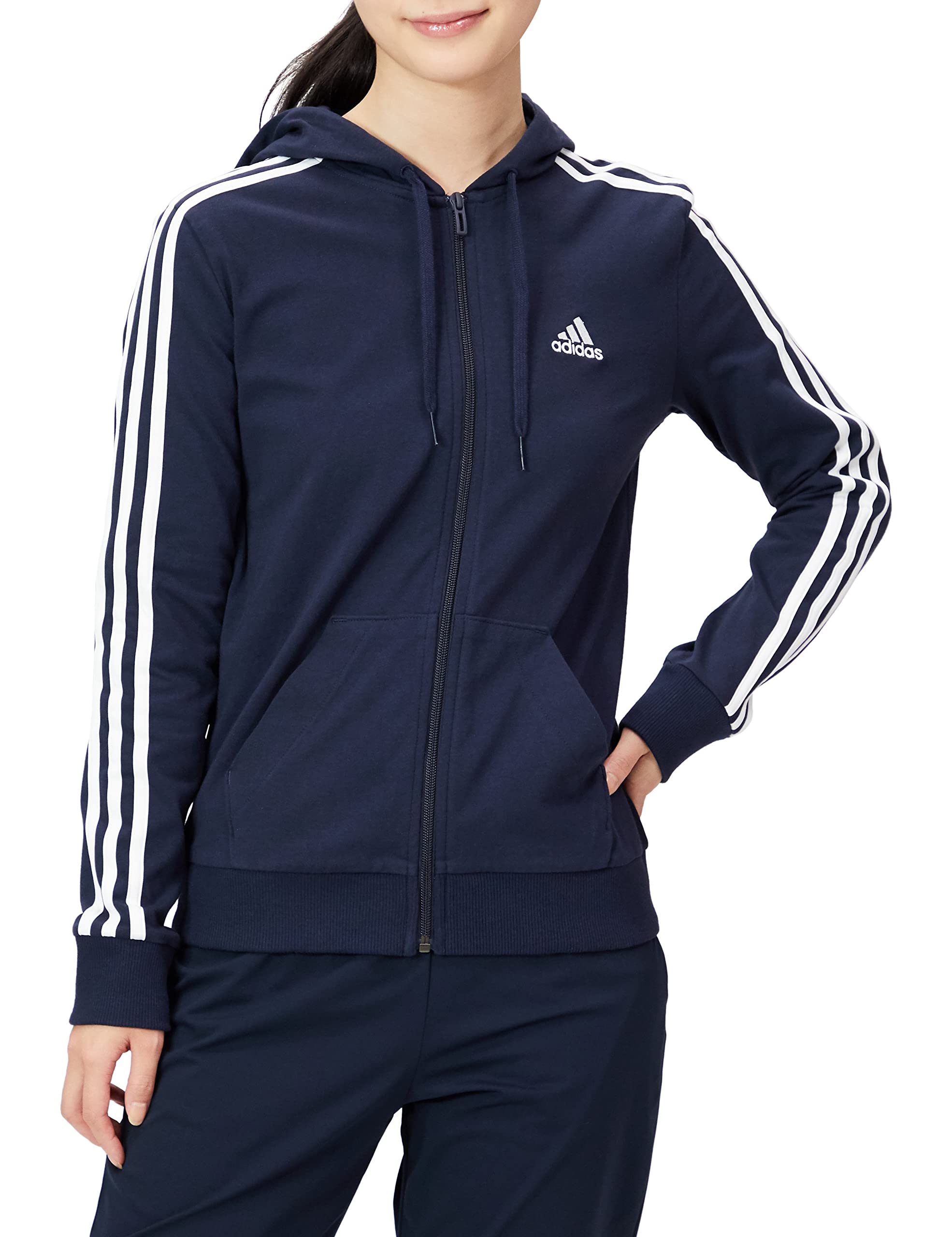 

Женская худи Adidas Essentials из одинарного джерси с легендарными тремя полосками, на молнии по всей длине, 28853, Чернила/Белый (H07839), Дж/С
