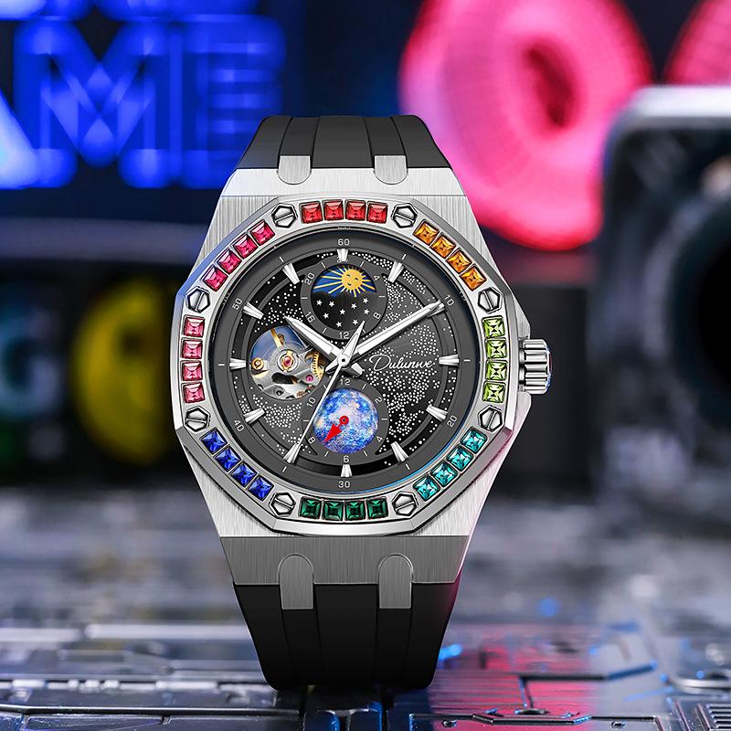 Dulunwe Męski automatyczny zegarek Starry Sky Moon Phase Color Diamond Big Tarcza Silikonowy pasek Luksusowy biznesowy wodoodporny zegarek na rękę