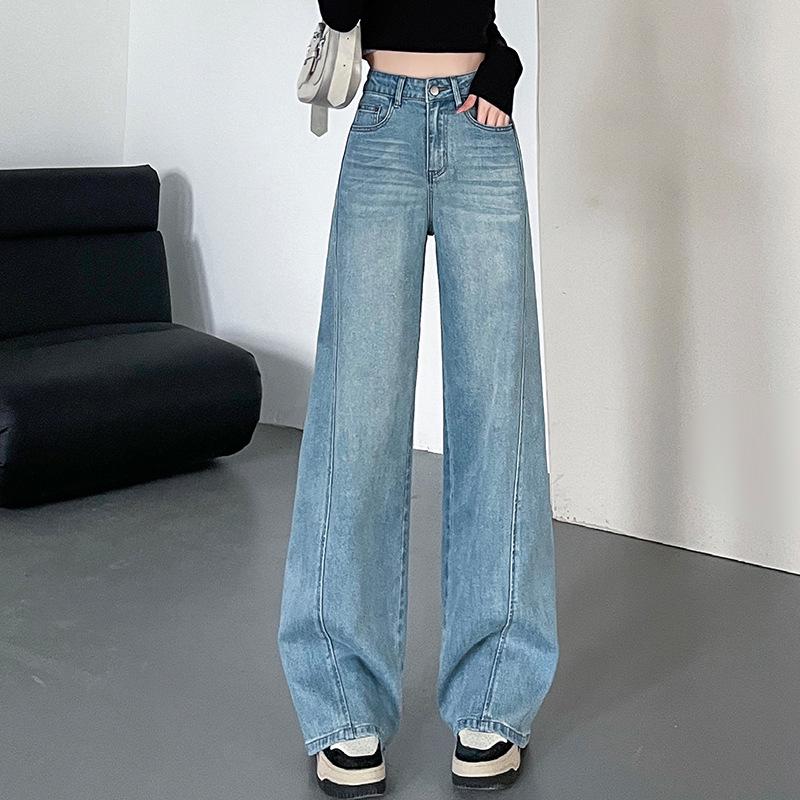Women s High-Waisted Light Blue Wide-Leg Jeans with Unique Spliced Design M