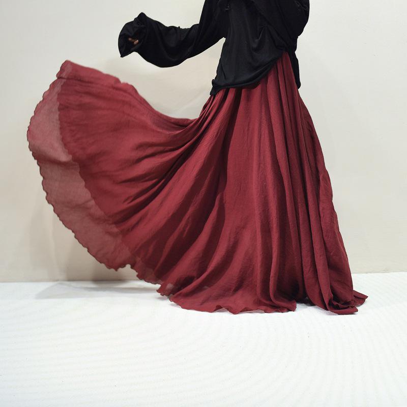 Mori Girl Cotton Linen A-Line Skirt: Elastic Waist, Long Solid Color, National Style Swing