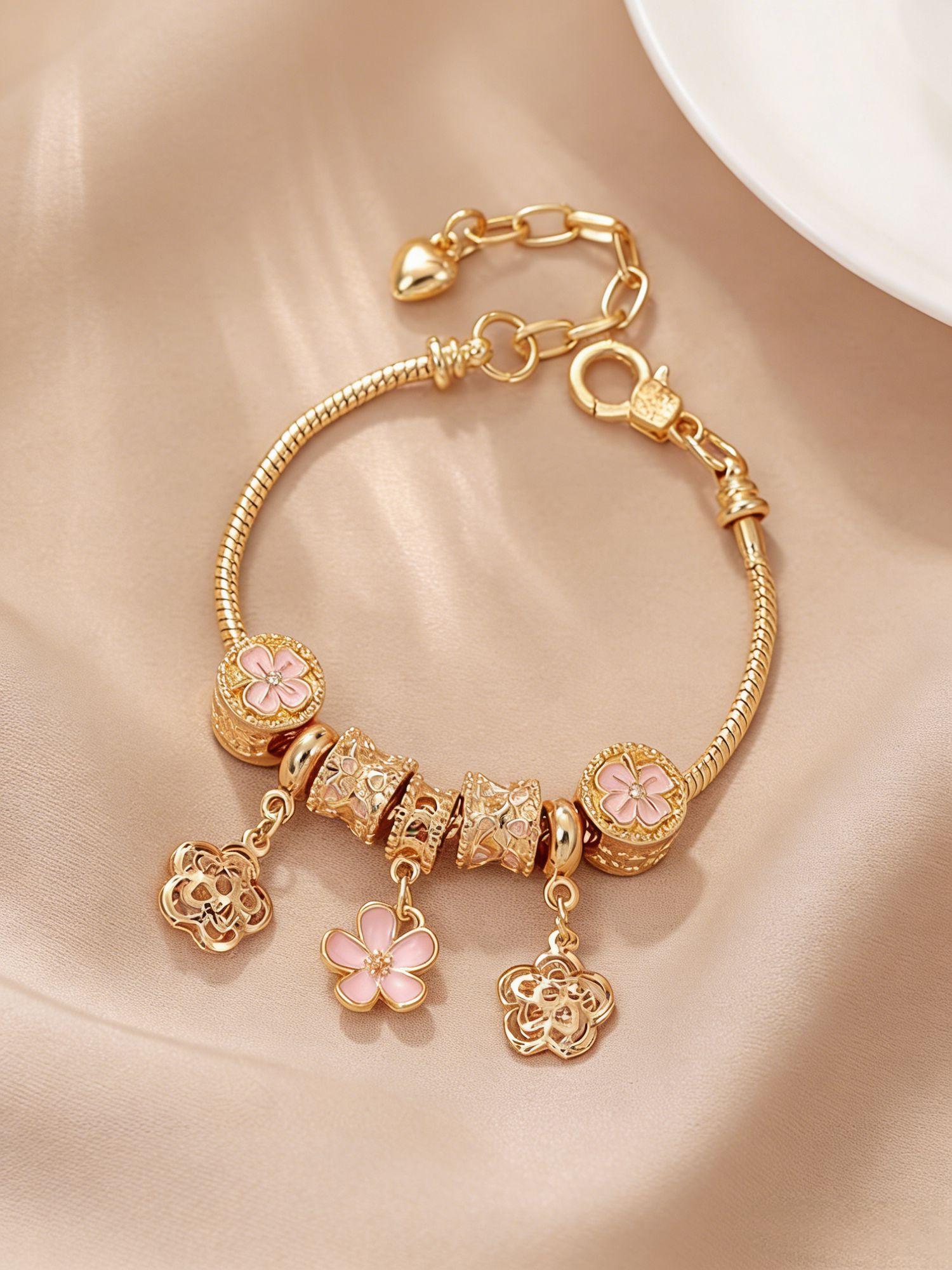 

1pc Pink Flower Charm Bracelet for Women Gold Color Beaded Adjustable Sweet Jewelry Daily Wear Accessory Gift 18.5cm золотистий