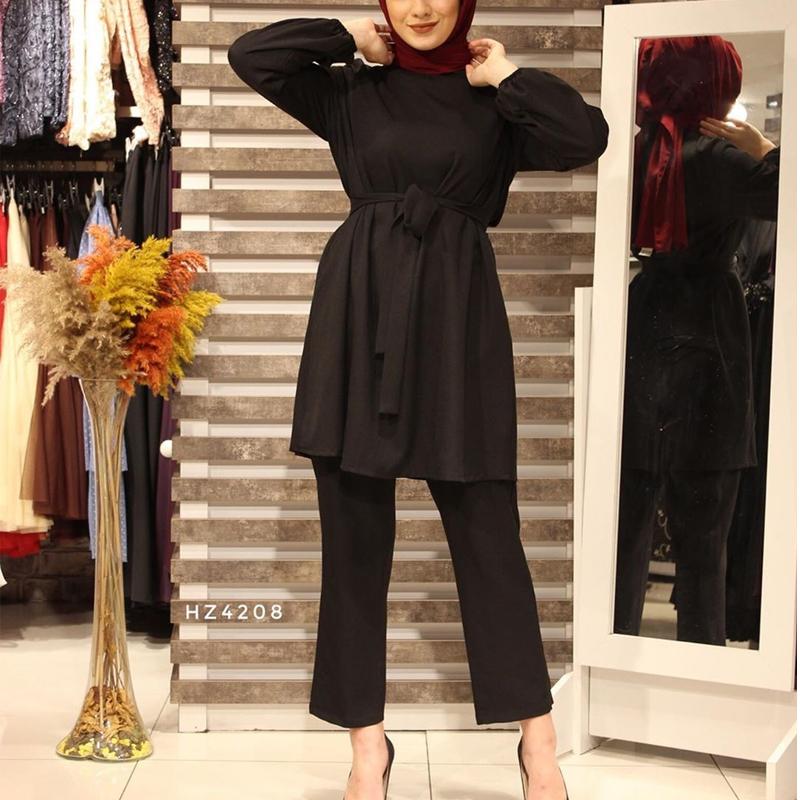 

Мусульманский женский комплект Абая, длинная блузка, топы, брюки, кафтан, платье, халат, костюм M чёрный