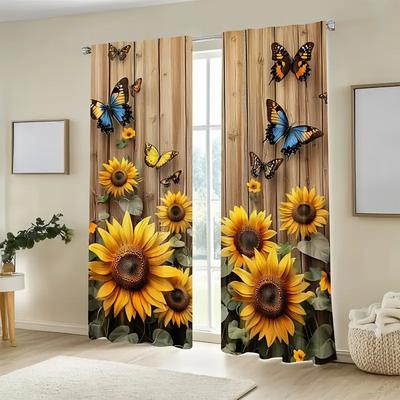 2PCS- Vintage Sunflower Print Curtains, Pole Bag Curtains, Bedroom and Living Room, Home Decoration, Room Decoration