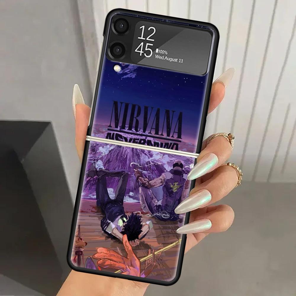 Retro Singer Kurt Cobain Hard PC Phone Case For Samsung Galaxy Z Flip 7 6 5 4 3 Black ZFlip7 ZFlip6 Flip5 Flip4 Flip3 5G Print C