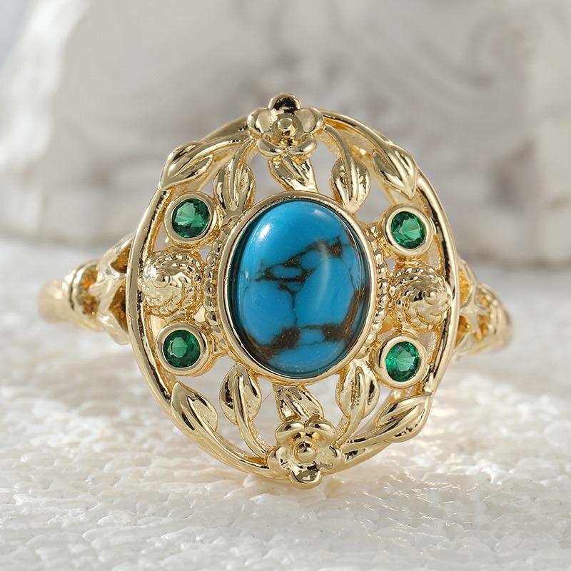 Vintage Inlaid Imitation Turquoise CZ Flower Women's Ring Ethnic Gold Color Geometry Daily Wear Party Jewelry Anniversary Gift