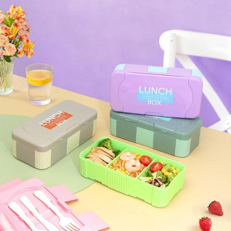 Multi-Grid Kids Bento Box, leakproof & microwave safe. Portable food container with tableware for school, outdoor and daily meal