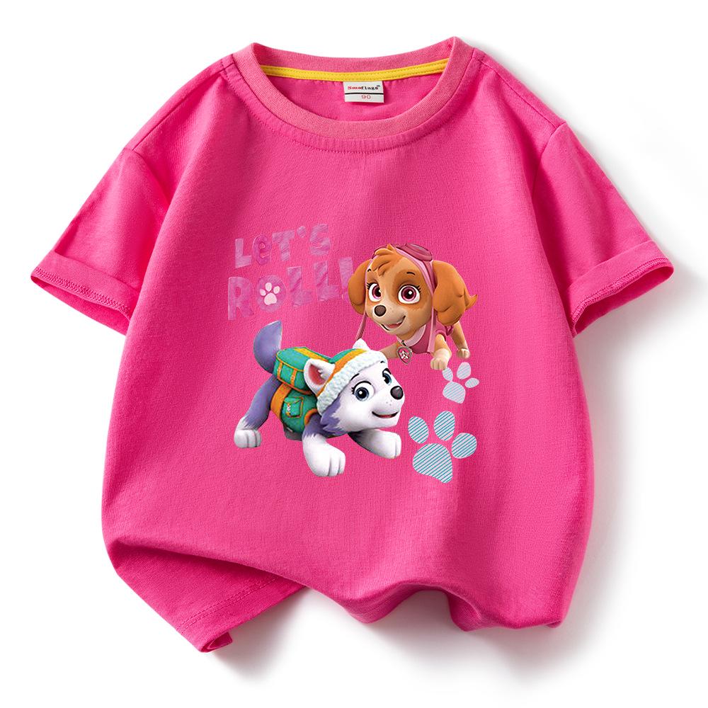 PAW Patrol Girls' Cartoon Print Short Sleeve Cotton T-shirt, Round Neck Pullover, Summer New Arrival