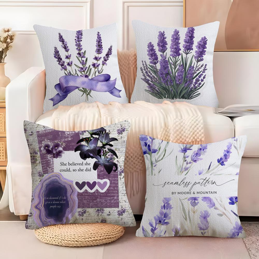 L-Lavender Cushion Cover Soft Plush Fabric Double-Sided Printed Sofa Cushion Cover for All Seasons Home Decor Gift