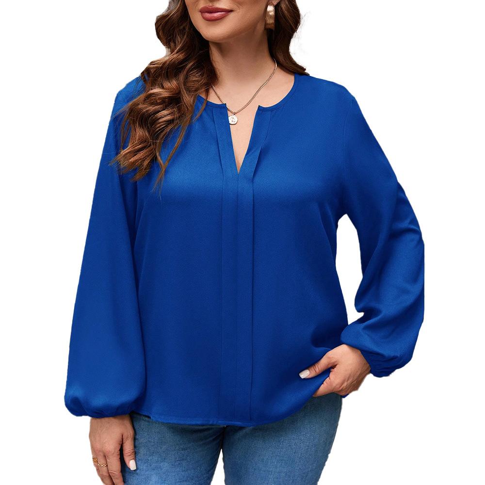 European and American large-size women's clothing autumn and winter new solid color V-neck loose casual long-sleeved T-shirt top