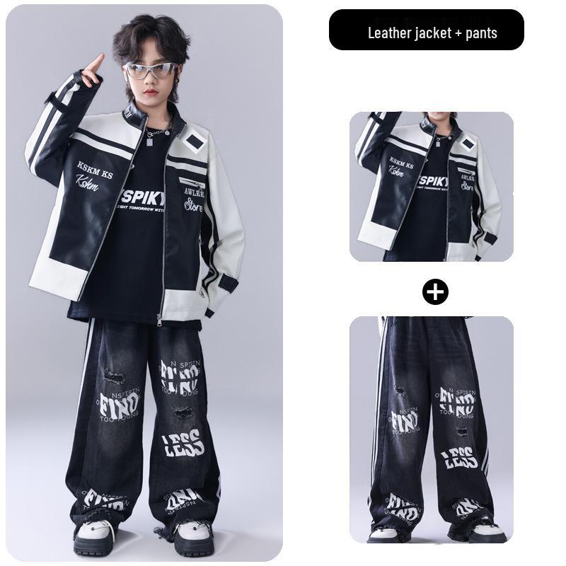 Neujahr Kinder Hip Hop Tanz Outfit - Amerikanische Trendige Lederjacke & Performance Set