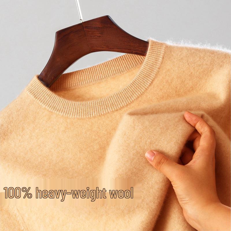 Men's 100% Wool Round Neck Loose Casual Sweater - Thickened Long Sleeve Knitwear