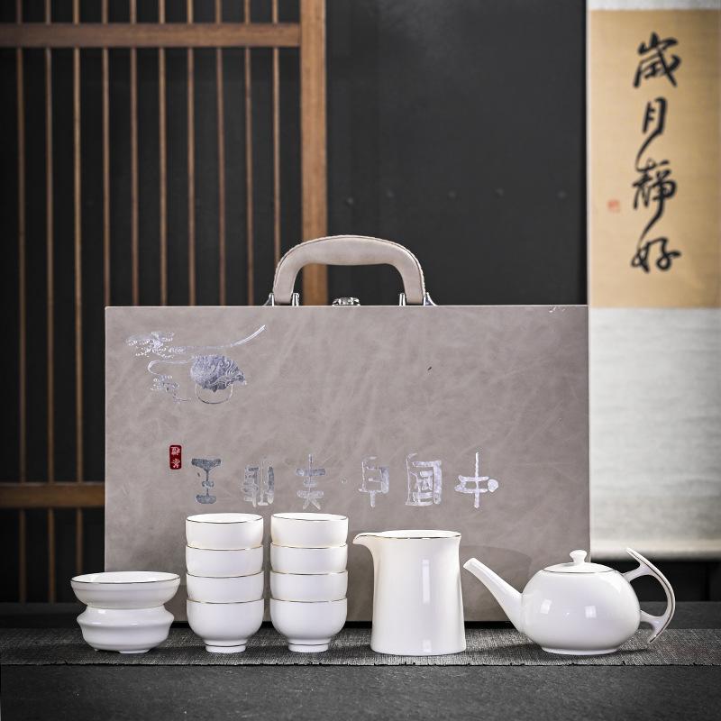 

Dehua suet jade white porcelain kung fu tea set living room hand-painted cover bowl tea cup ceramic teapot gift anti-scalding