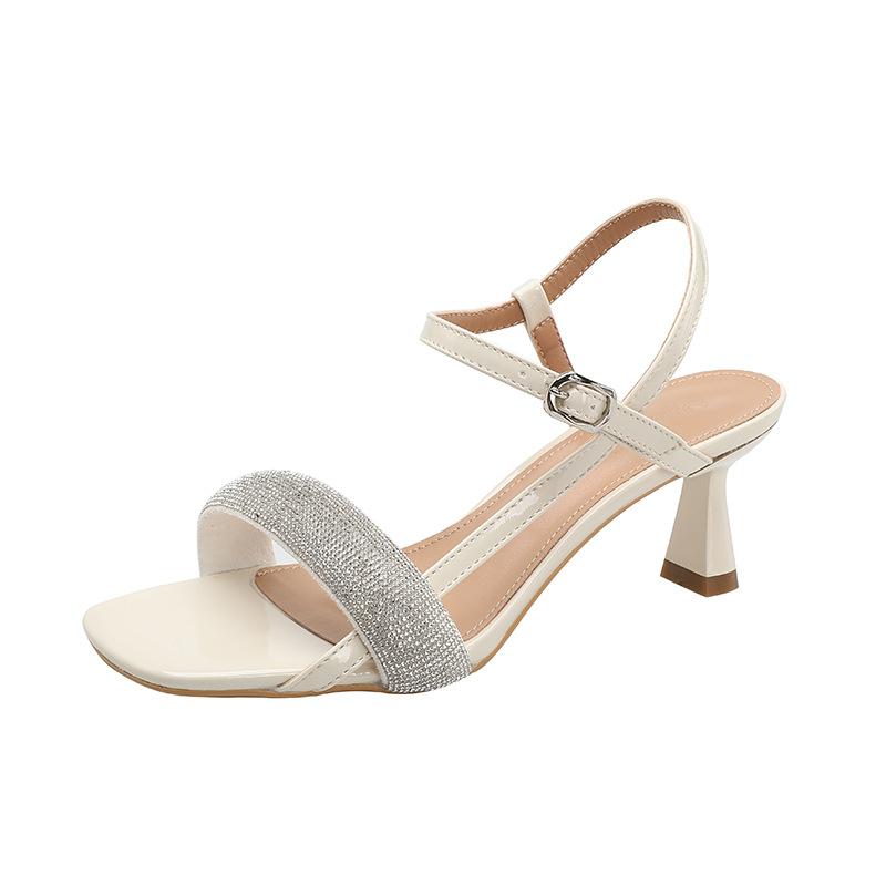 Fairy wind open-toed high-heeled sandals female stiletto 2025 new summer one-word buckle with rhinestone square head high heels