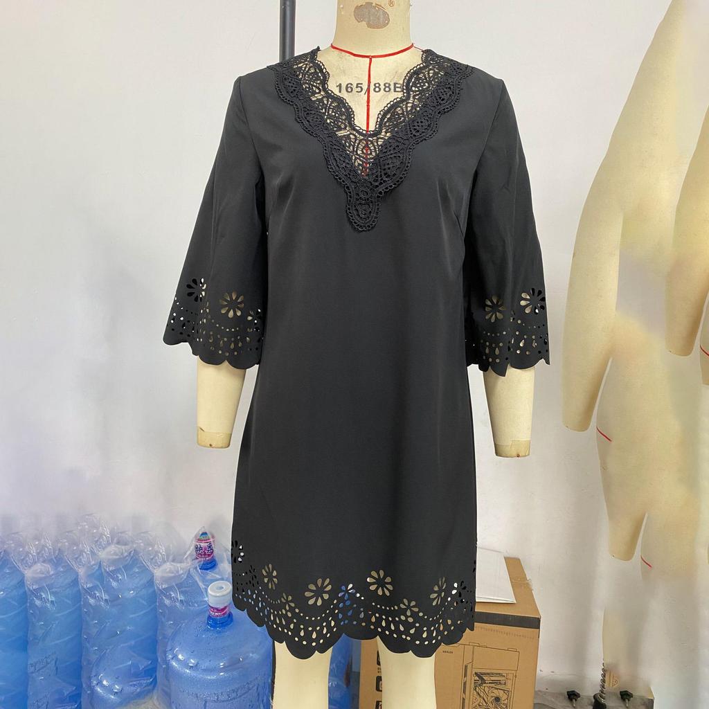 Women Loose High Waist A Line Summer Dress V Neck Lace Burnt Flower Half Sleeve Solid Color Sizes S XL