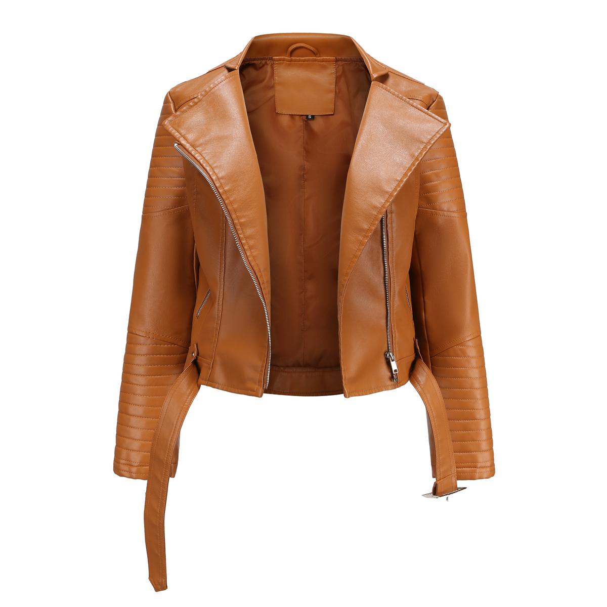 

Куртки в стиле панк для женщин, искусственная кожа, пояс с лацканами, мотоциклетное короткое пальто, верхняя одежда на молнии с длинными рукавами, топы-бомберы L верблюд