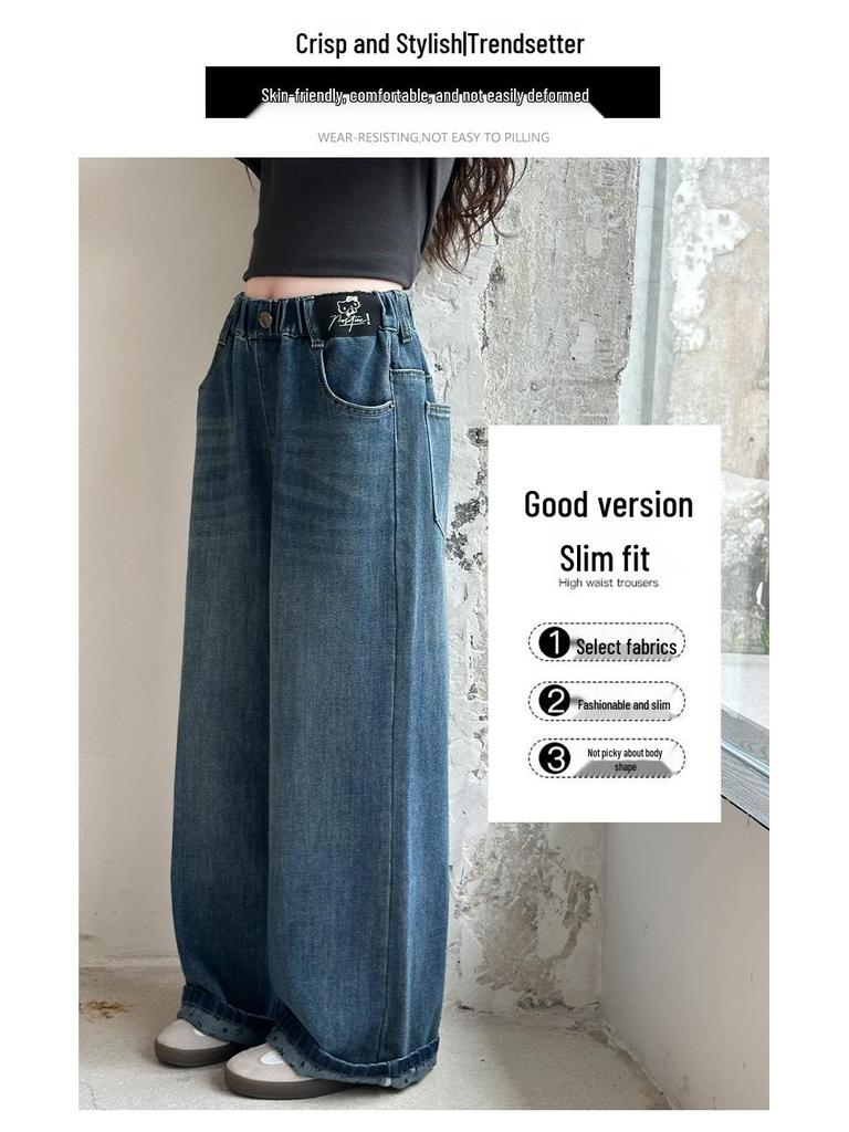 2025 Girls' Trendy Denim Wide-Leg Pants - Spring/Autumn Style, Long Straight-Leg for Big Girls