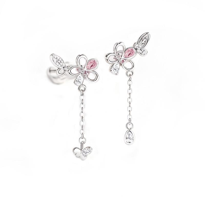 Elegant S925 Sterling Silver Cherry Blossom Butterfly Dangle Earrings for Women - Delicate Long Tassel Flower Design.