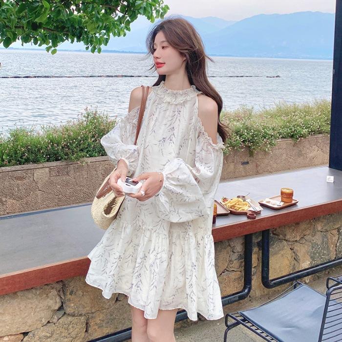 Off-the-shoulder floral dress women's summer 2026 new temperament gentle and cold feeling holiday style loose and thin skirt