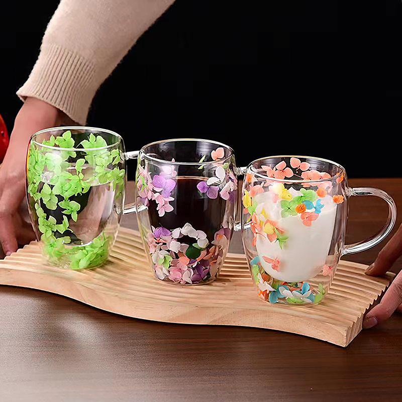 1 taza para té y café de vidrio de borosilicato de alta calidad Ins Trends, taza con flores secas y flores, taza de vidrio de doble pared resistente al calor simple