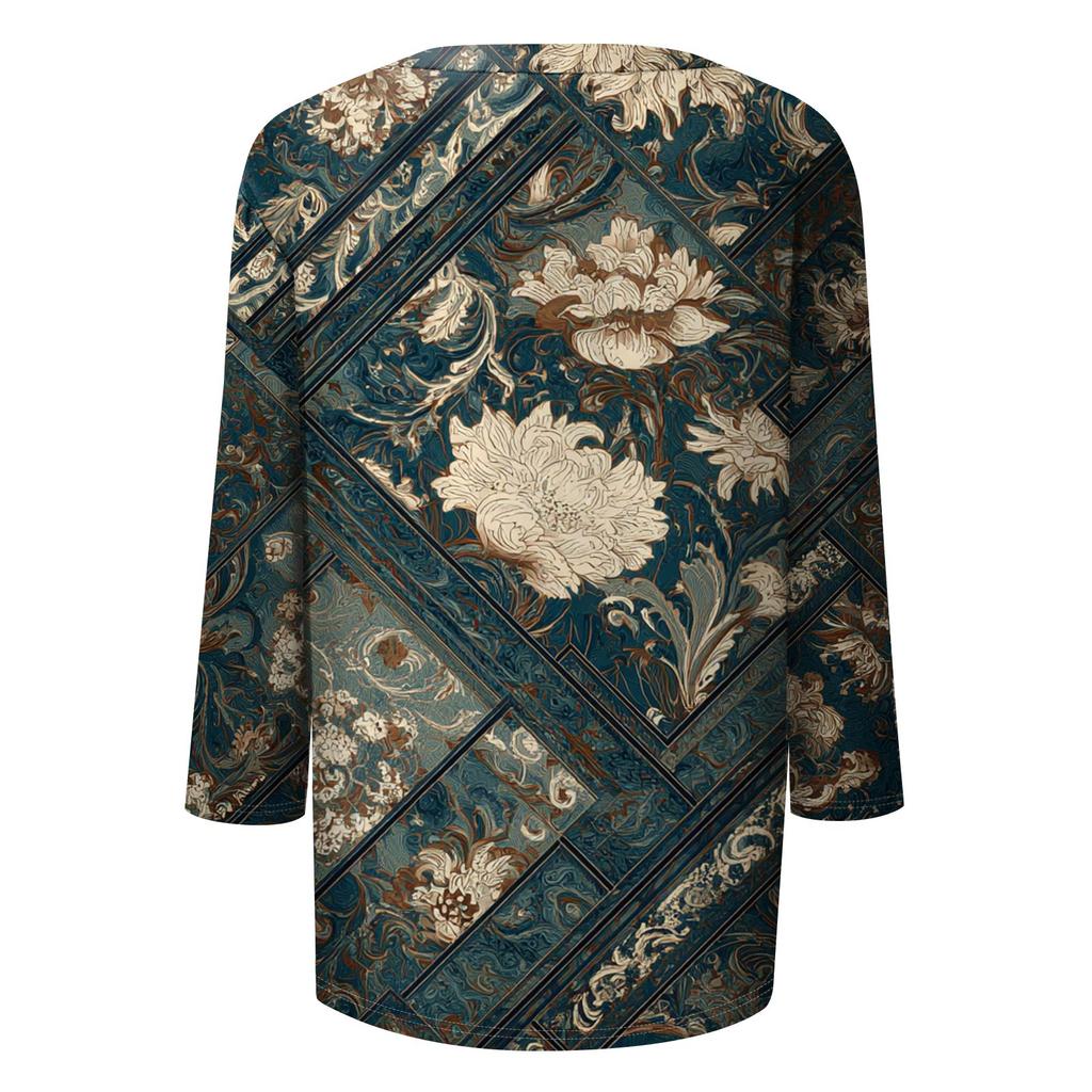 Trendy Vintage 3/4 Sleeve Top For Women,Ladies Casual Three Quarter Sleeve Round Collar Printed T-Shirt Blouse
