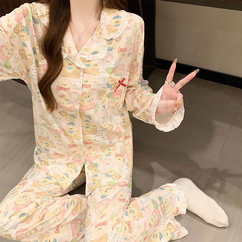 Wind Cartoon Mädchen Frühling und Herbst Pyjama Niedliche Spitze Imitation Baumwolle Langarm Bequemer Loungewear Anzug