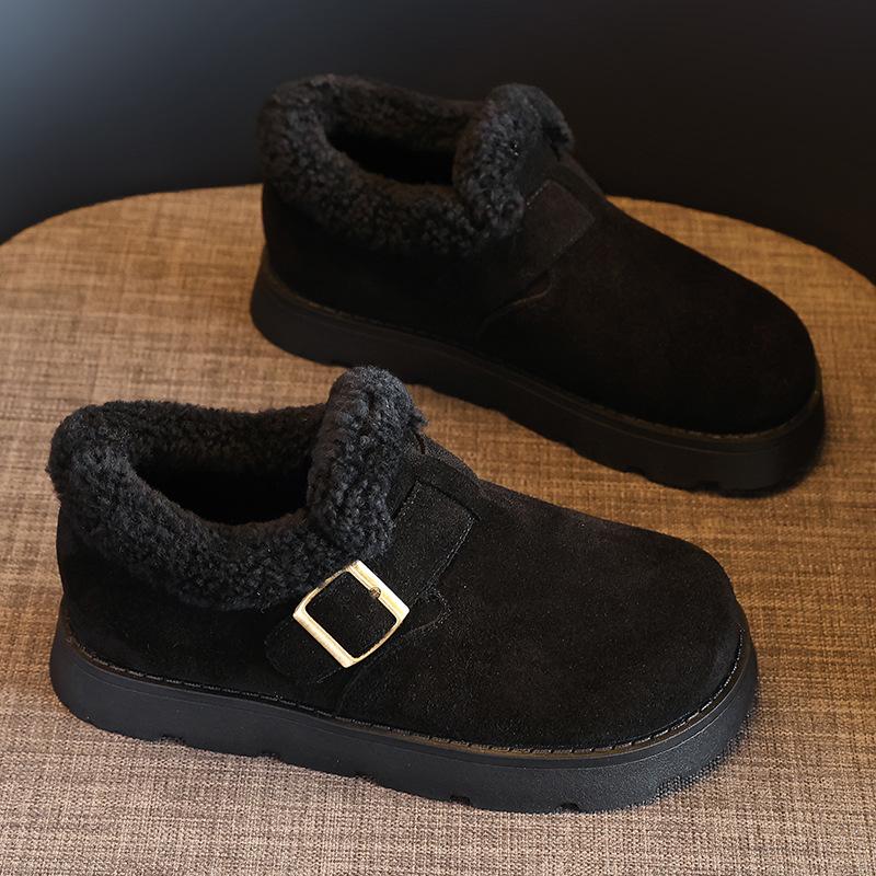 

2025 Зимняя обувь Женская замшевая кожа Зимние сапоги Теплый плюш Плоская Нескользящая Мода для холодной зимы Женские ботильоны Черный Желтый 35 чёрный