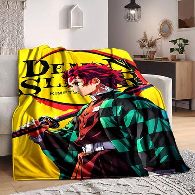 1pc Demon Slayer Flannel Throw Blanket HD Printed Lightweight Soft Warm All Season Blanket for Sofa, Bed, Travel, Camping Machine Washable