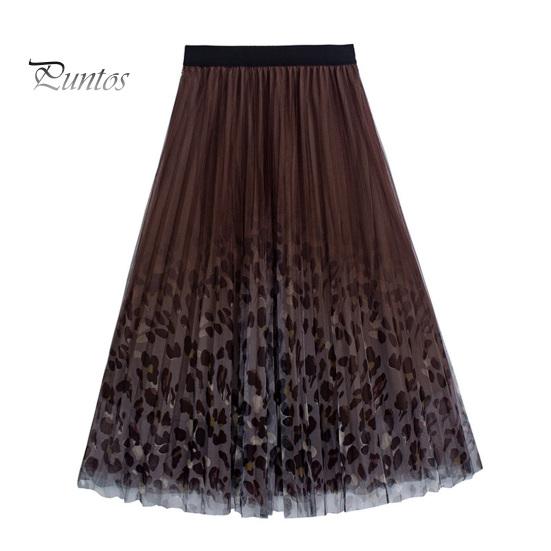

Женская юбка миди, эластичная юбка А-силуэта с высокой талией, сетчатая пряжа с леопардовым принтом, осенне-зимняя юбка, свободная плиссированная юбка кофейный