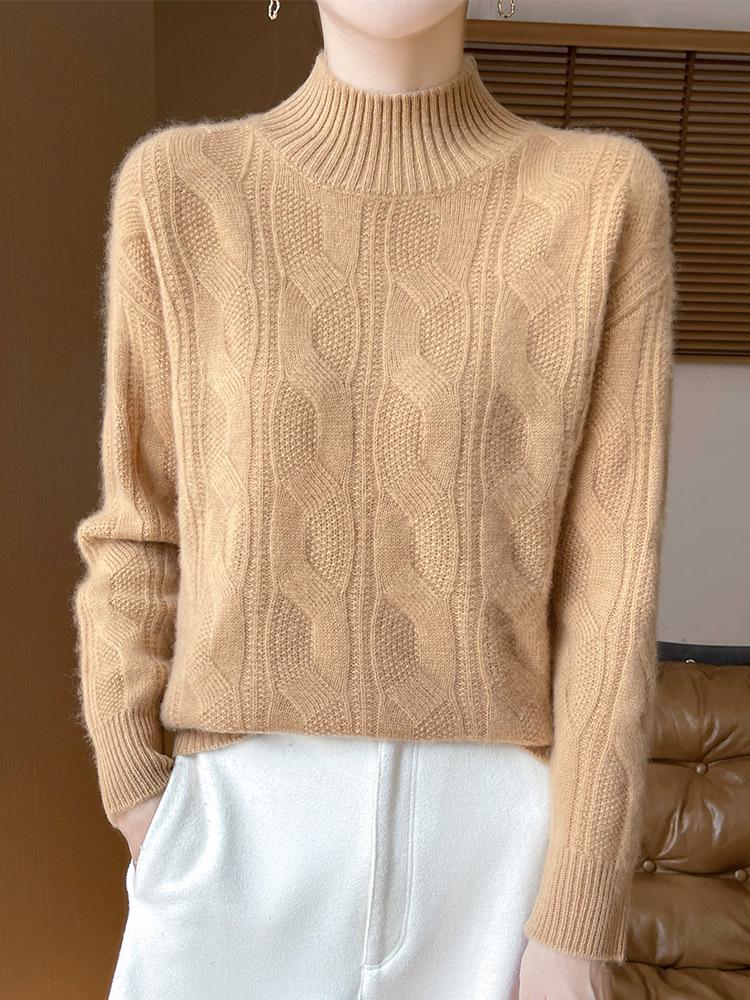 2025 Autumn/Winter Slimming Vintage Cashmere Cable Knit Sweater with Semi-High Neck