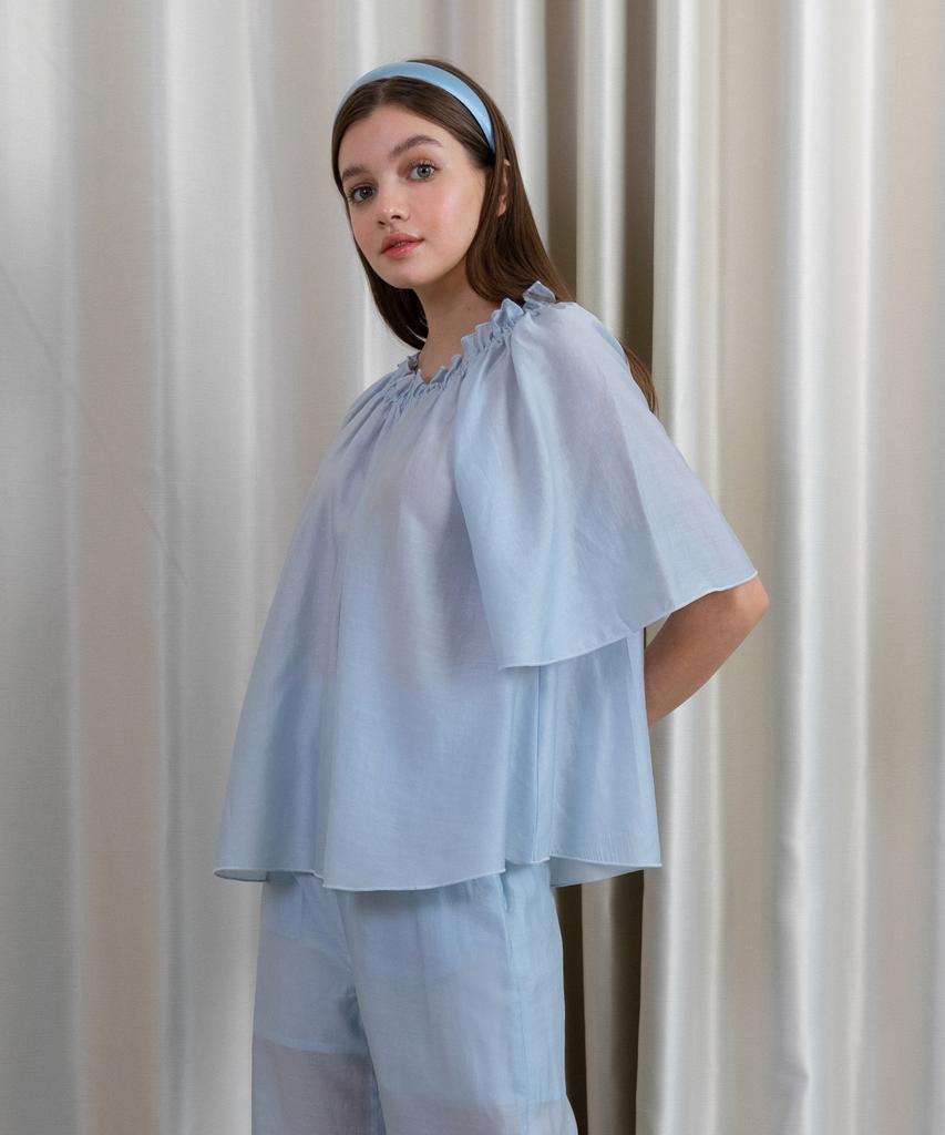 LETTRE DE LE TOILE Summer Tencel Shirring Blouse (Light Blue)