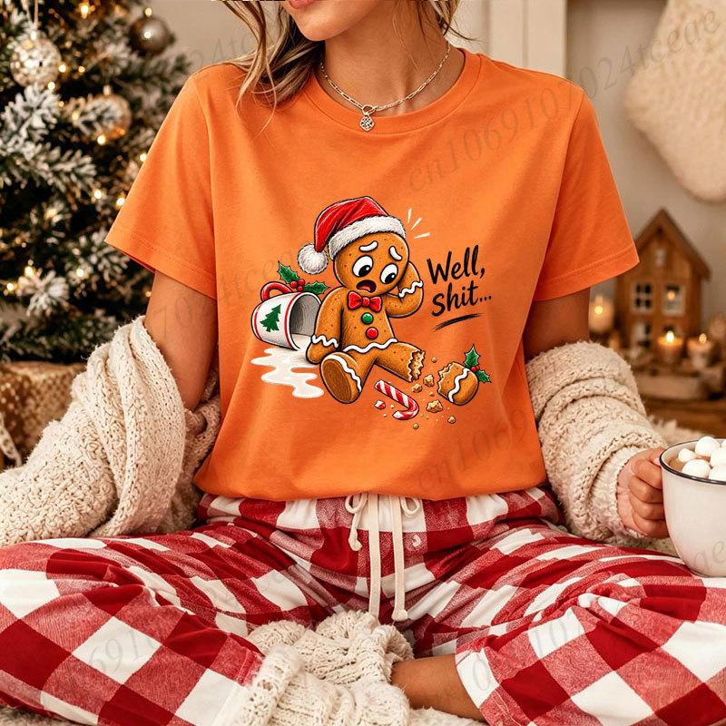 Funny Gingerbread Man Christmas T‑Shirt Well Shit Graphic Tee Xmas Santa Hat Print Short Sleeve Casual Holiday Party Tops Gifts