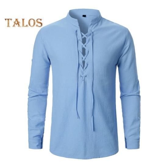 

Весна Осень Мужская Рубашка На Шнуровке Воротник-стойка Длинные Рукава С Запонками Однотонный Свободный Ретро Средневековый Средневековый Средневековый Топ Средней Длины Повседневный Офисный Топ L светло-синий