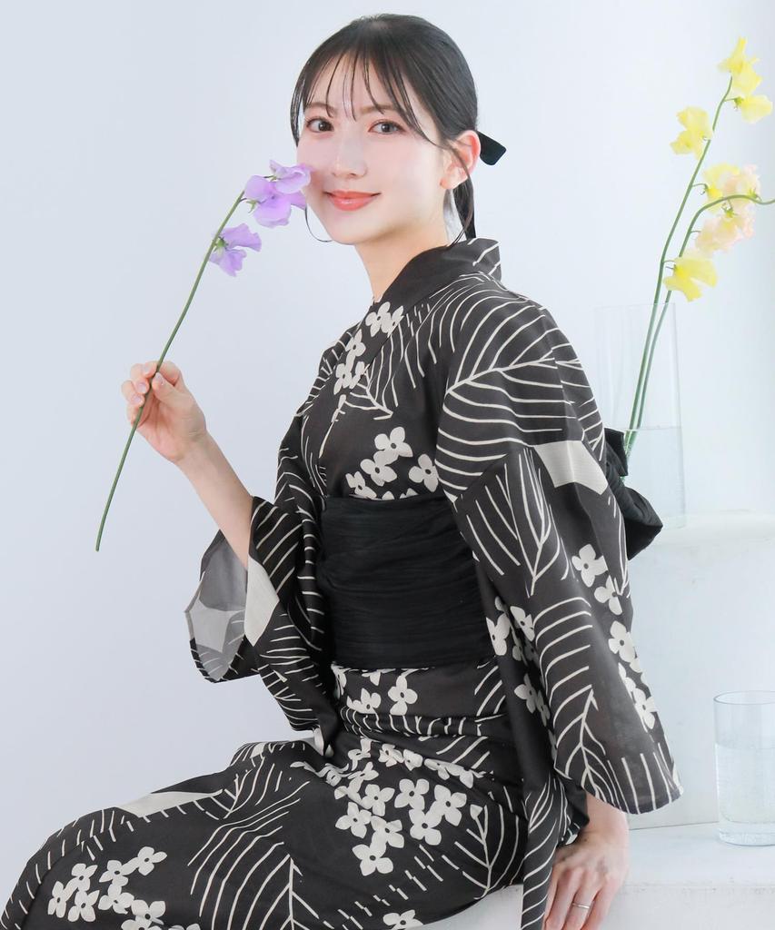 Yukata Unique Set Heiko AB Painting Flower Free [KYOETSU] [Kyoetsu] Set, Weave, Two-Piece (Yukata, Obi), Women's (Ink Shadow, Size)