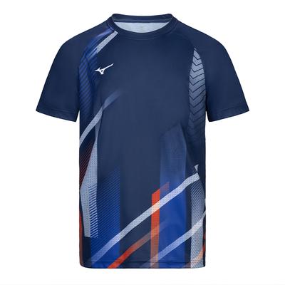 Letter Geometric Pattern Casual Round Neck Pullover Short Sleeve Badminton Shirt Unisex Shirts Dark-Blue 72CA36Z128