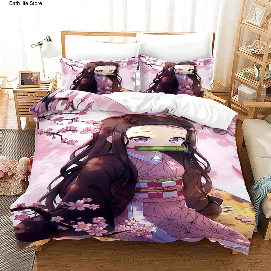 Anime Demon Slayer Bedding Sets Hot Kamado Nezuko  Duvet Cover Set for Teens Girls Cartoon Twin Single Full Bed Linen For Gift