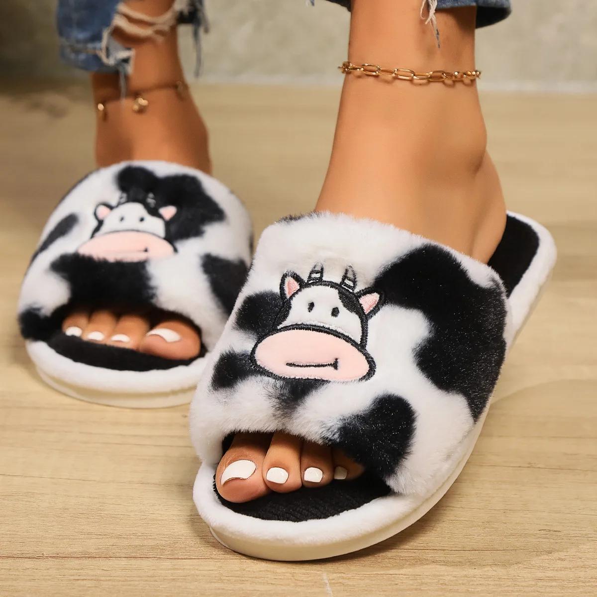 

Fashion Lightweight Cartoon Cow Home Slippers for Women Open Toe Soft Sole Faux Fur Slides Woman Comfort Non Slip Indoor Slippers 2024 44-45 белый