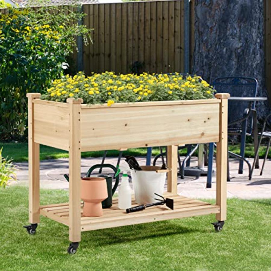 42x23x33in Wooden Raised Garden Bed with Wheels for Growing Herbs and Vegetables Elevated Flower Planter Box in Natural Wood Fi
