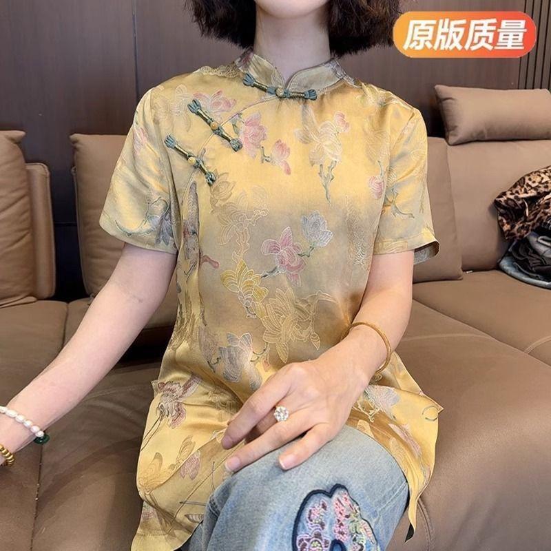 

Желтая свободная рубашка рубашка рубашка с коротким рукавом летняя средней длины в стиле «мама» M [Recommended below 50kg] жёлтый