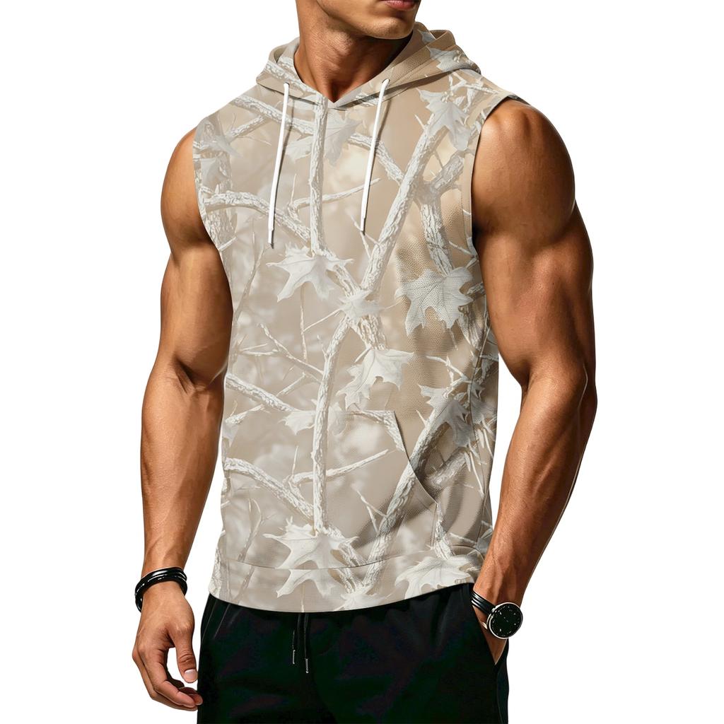 Men's Print Sleeveless Hoodie with Pockets and Drawstring - Casual Tank Top Vest for Outdoor Sports