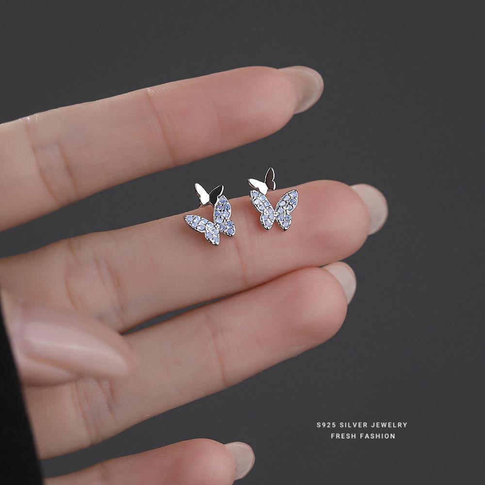 S925 Sterling Silver Blue Zircon Double Butterfly Stud Earrings, Dainty Fresh Fashion Jewelry for Wome