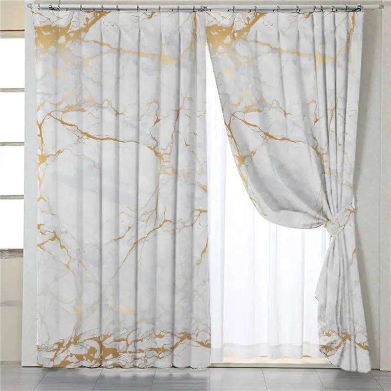 2pcs Vintage Marble Living Room Curtains White Golden Semi Blackout Curtains for Bedroom Stone Luxury Window Curtains Panels